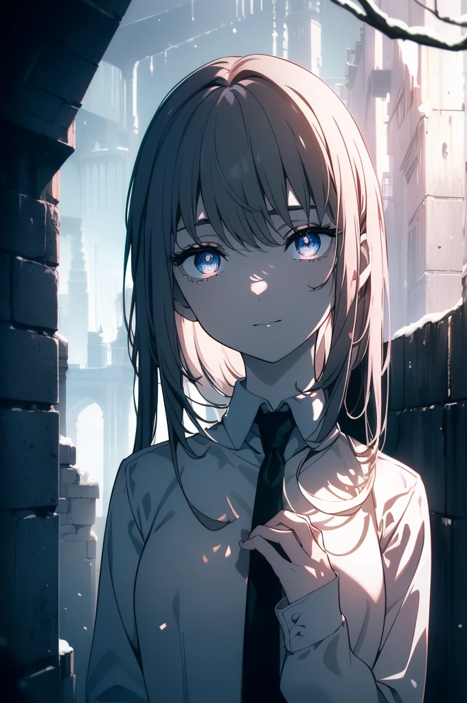 (Obra maestra, La mejor calidad, ultrahigh resolution), 1girl, standing, school uniform, white office shirt, black pleated skirt, ((light brown, light brown hair:0.7), long hair cut, pale skin, ((blue eyes)), glowing_eyes, neon eyes, (ultra detailed eyes, beautiful and detailed face, detailed eyes), ((centered)), smile, ((wide shot)), facing viewer, eye level, (blurry background, bright snowy background, winter), flat chested, looking at viewer, ((half closed eyes)), ((perfect hands)), (((head, arms, hips, elbows, in view))), ((hands behind back)), empty eyes, beautiful lighting, outside, outdoors, background, defined subject, 25 years old,