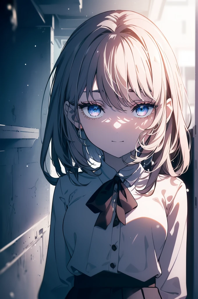 (Obra maestra, La mejor calidad, ultrahigh resolution), 1girl, standing, school uniform, white office shirt, black pleated skirt, ((light brown, light brown hair:0.7), long hair cut, pale skin, ((blue eyes)), glowing_eyes, neon eyes, (ultra detailed eyes, beautiful and detailed face, detailed eyes), ((centered)), smile, ((wide shot)), facing viewer, eye level, (blurry background, bright snowy background, winter), flat chested, looking at viewer, ((half closed eyes)), ((perfect hands)), (((head, arms, hips, elbows, in view))), ((hands behind back)), empty eyes, beautiful lighting, outside, outdoors, background, defined subject, 25 years old,