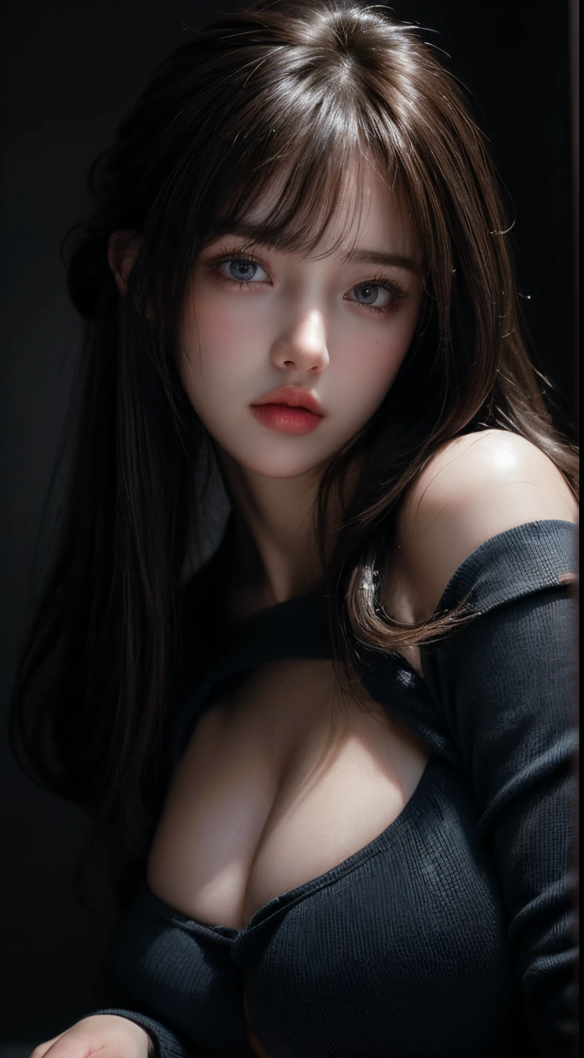 ((Best Quality, 8K, Masterpiece: 1.3)),((Hasselblad photo)), finely detailed skin, clear focus, (cinematic lighting), soft lighting , Beautiful Woman , (Random Hairstyle: 1.2), Ultra-detailed face, Glossy skin, Bangs, big boob , Exposed cleavage, blue Eyes, ((Dark background)), looking at viewer, off shoulder, black sweater, sharp face, open mouse, long bang,