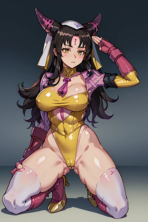 Masterpiece, Best Quality, Highly detailed, illustration, absurdres, street fighter, doll suit, shadaloo doll, agent aika, nazi saluting, military, military saluting, salute, 3girls, Team Squad, expressionless, blank eyes, looking at viewer, red gloves, emotionless, black latex, corrution, zofa suit, zofa soldier, mind control, female combatant, full body, hypnotized, standing, standing at attention, unhappy trance, full body suit, leotard, perfect female body, Gold delmo uniform, golden delmo uniform, extremely glossy latex, Delmo Uniform, belt, hypnosis, hypnoLora, empty eyes, Mind control device, thighhighs, kneeling, poses, submissive_pose, tight thong leotard, full legs tights, sesshouin kiara, Sessyoin Kiara, breasts, yellow eyes, horns, veil, long hair, huge breasts, black hair, collarbone, forehead mark, chest tattoo, tattoo, wavy hair, bangs, very long hair, gradient hair, pink lips, thighhighs, sideboob, pink thighhighs, Fate/grand order, Fate/extra ccc