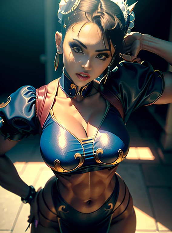 ((best quality)), ((master part)), ((Realistic)) foto corpo enteiro, and ultra-detailed photograph of a girl with gothic colors. Chun- li, ((Chun- li)), Vestido em (micro-fio dental preto pequeno, motivo micro-bikintar preto ) , ((Beautiful and Aesthetic)), abdominais corporais em forma muscular, sexy, Peitos Inferiores, hot, (Fundo gradiente creme)