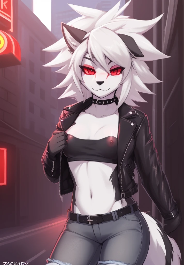 zackary911, by zackary911, anthro, lycanroc, hellhound, ((dark grey fur)), female, solo, 1woman, ((very small breasts)), ((tiny breasts)), denim shorts, ((tube top)), ((leather jacket)), husky tail, ((shaggy hair)), ((white hair)), on e621, choker, leather collar, detailed body, finely detailed eyes, finely detailed paws, punk style, female focus, ((nipple bump)), ((dark grey belly)), city street scene, red sclera, white pupils