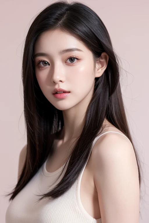 ultra high res, photorealistic:1.4, UHD, a beautiful 22 years old woman, face, grey eyes, clean pale skin, pink cheeks, straight nose, pink lib, shiny black long hair, white background, front view, upper body