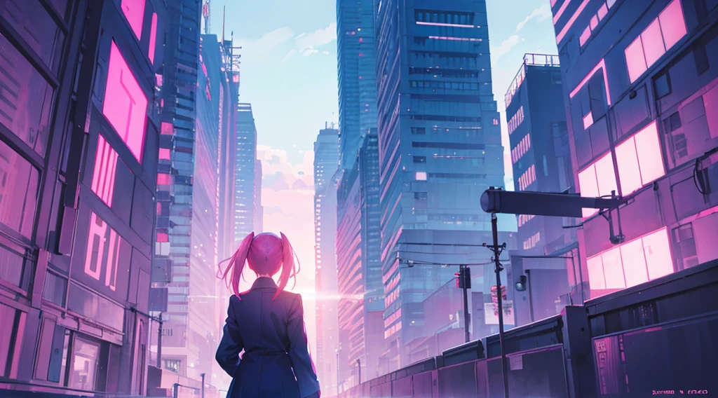 pink and blue sky, cyberpunk building silhouette, back view of girl, anime scene