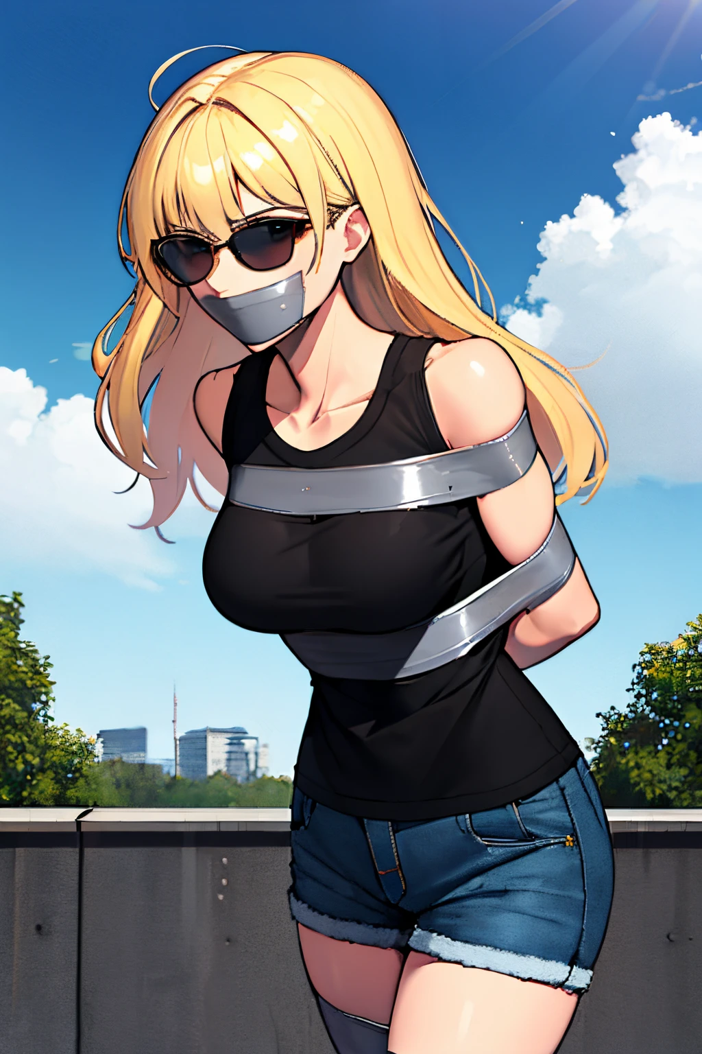 (absurdres, 8k, 4k, masterpiece, hyper extreme detailed:1.2), solo, 1girl, front view, perfect face, 1girl, portrait, expressive eyes, looking at viewer, solo, standing, Female, toned body, mature female, large breasts, pale, platinum blonde hair, long hair, dark blue eyes, swept bangs, athletic body, stoic, windy hair, moving hair, moving clothes, Shorts, black shirt, German, Military, battle worn, scars, messy hair, smile, happy, heroic, perfect anatomy, friendly, heroism, light blonde hair, blue sky, sun, clouds, muscular, half body, bound,  bondage, (arms behind back:1.4), bdsm, tape gag, tape, tape bondage, restrained, best anatomy, tape wrapped, wrap gag, tightly bound, tape wrapped around face, tape above breasts, tape below breasts, standing up, tape gag, platinum blonde hair, light blonde hair, long hair, tape between breasts, taped forearms, taped elbows, taped abdomen, taped nose, taped between arms, black t-shirt, sleeveless, tanktop, sunglasses