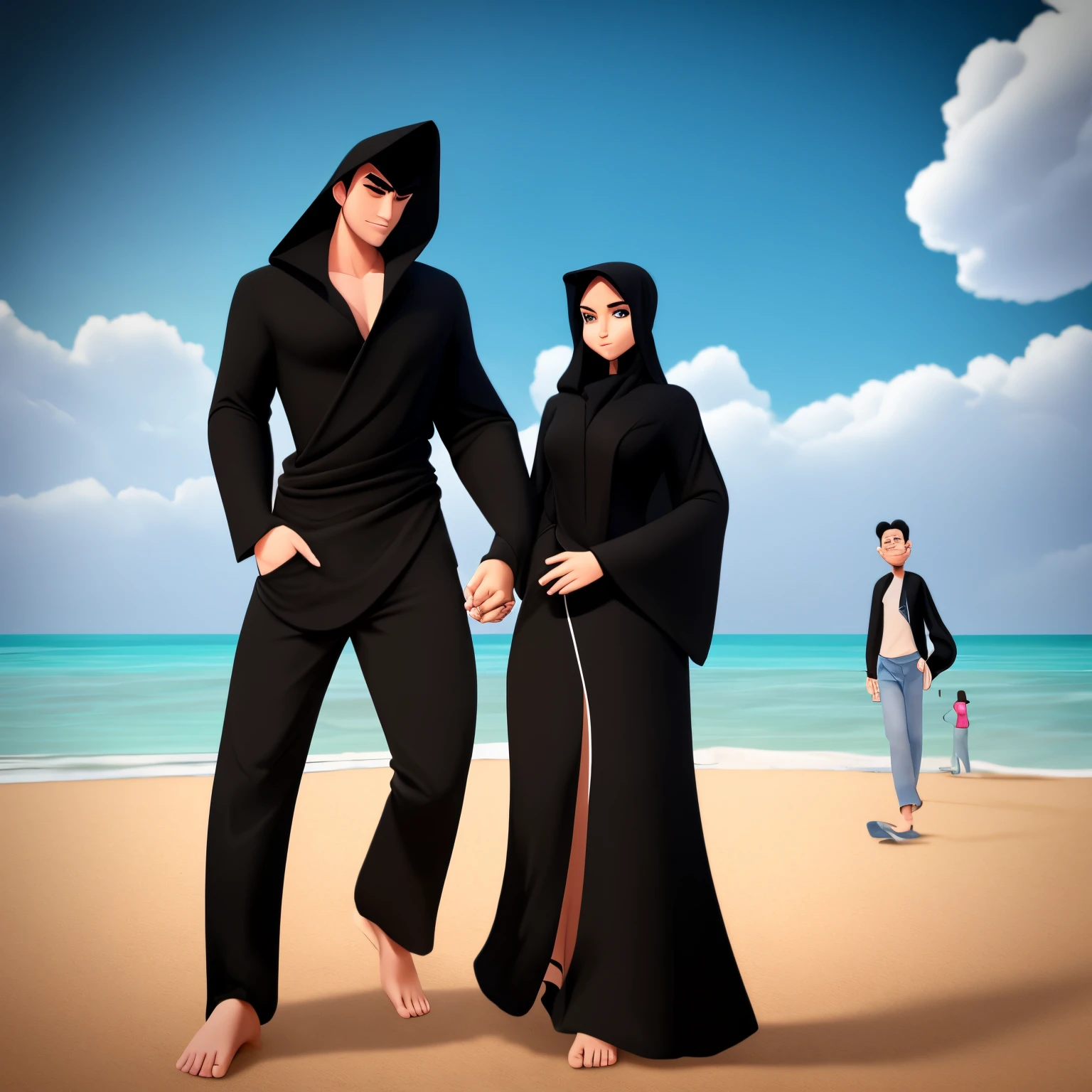 Set couple at beach, one girl wear black abaya with white shawl, one boy with black shirt and jeans, they look each other, 3D disney animation