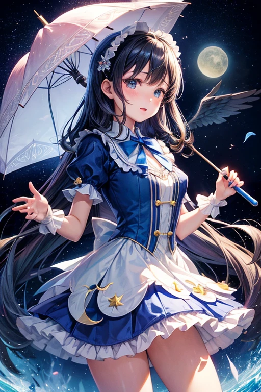 Araffe girl in a blue dress holds an umbrella in the air, magic uniform, Portrait of a magical Lolita girl, shikamimi, sakimi chan, University Magic Uniform, shiori teshirogi, lunar themed attire, loli, official artwork, Beautiful Angels, Raining, chiho, brilliant), Raining!!, fairycore, Lolita Fashion, ad image