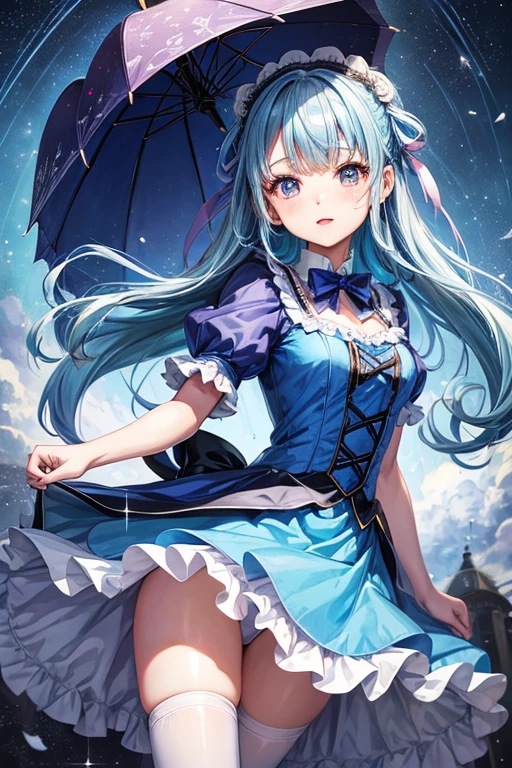 Araffe girl in a blue dress holds an umbrella in the air, magic uniform, Portrait of a magical ta girl, shikamimi, sakimi chan, University Magic Uniform, shiori teshirogi, lunar themed attire, lolificial artwork, Beautiful Angels, Raining, chiho, brilliant), Raining!!, fairycore, Lolita Fon, ad image