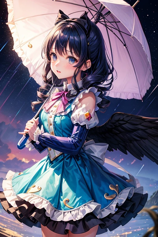 Araffe girl in a blue dress holds an umbrella in the air, magic uniform, Portrait of a magical Lolita girl, shikamimi, sakimi chan, University Magic Uniform, shiori teshirogi, lunar themed attire, loli, official artwork, Beautiful Angels, Raining, chiho, brilliant), Raining!!, fairycore, Lolita Fashion, ad image