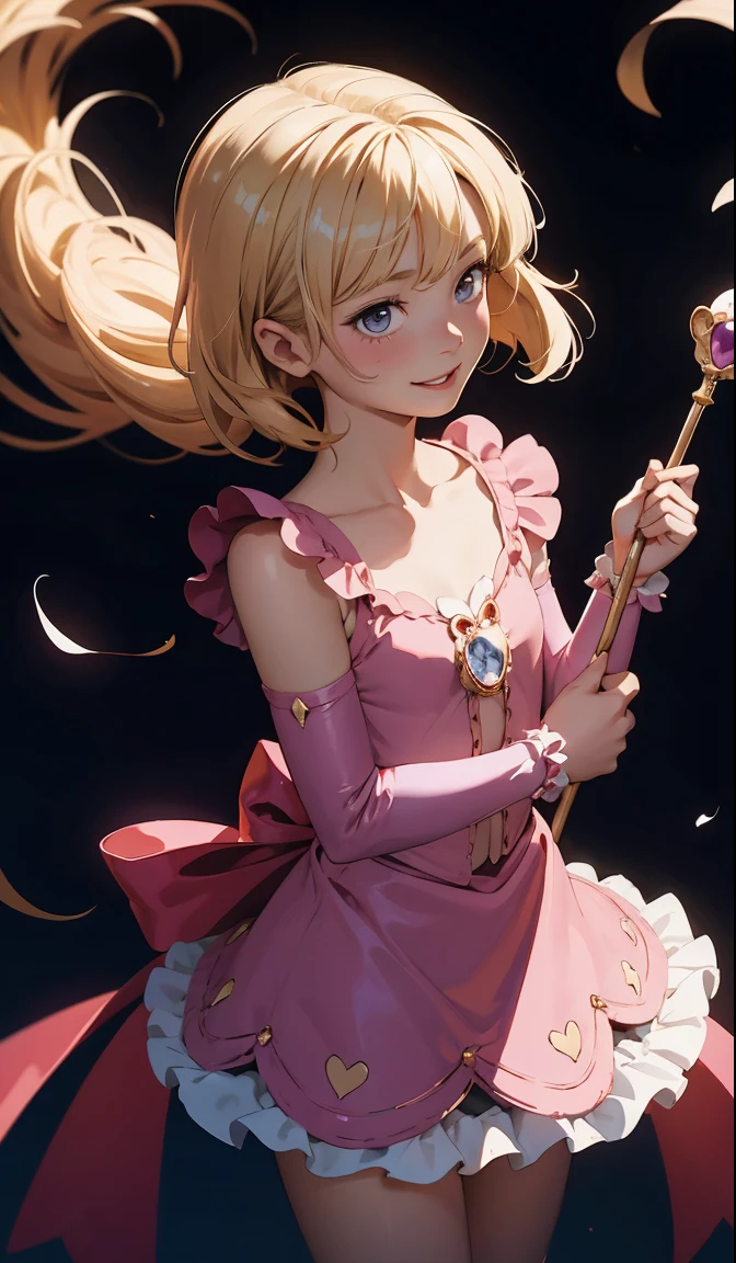 Perfect picture,,{magical girl girl}{in the sky}{Beautiful }{hedonism},{Holding a magic cane},8 girl,4K picture quality, Cinematic,,{Gamine},{small body and chest,,,,,,,,,} Longhaire,a blond,cute expression,face perfect,{girl showing a smile}
