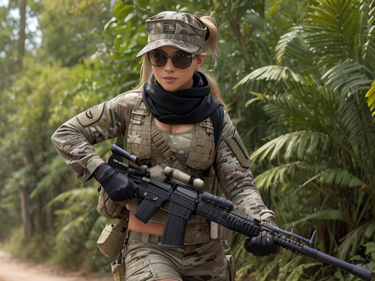 sexy, lustfull, millitary, us soldier, plate carrier, gun, M4A1 rifle, baseball hat,  camo uniform, lots of pockets, long hair sticking out the back of baseball hat,  stronge arms, in combat,, tinted combat sunglasses, bandana, combat gloves, ponytail, two girls, jungle backround, high def, 8k, night time, holosight scope, looking through scope,combat boots, having good time, gun on sling, gun on chest, natural boobs, having good time, pistol on leg, black rifle, m4a1 hanging, scarf, laughing, black gloves, black scarf, large scarf, orange tinted combat glasses, large tittys, big legs, chest plate with m4 magazines, serious, m4 style gun, messy bun, walking with m4, large chest, camo baseball hat, tight shorts, camo shorts, longe sleeve combat jacket, camo jacket, lots of pockets on jacket and pants, big ass, small splate carrier, tight plate carrier, tight , showing stomach, full gloves, rolled up sleeves, serious face, tight jacket