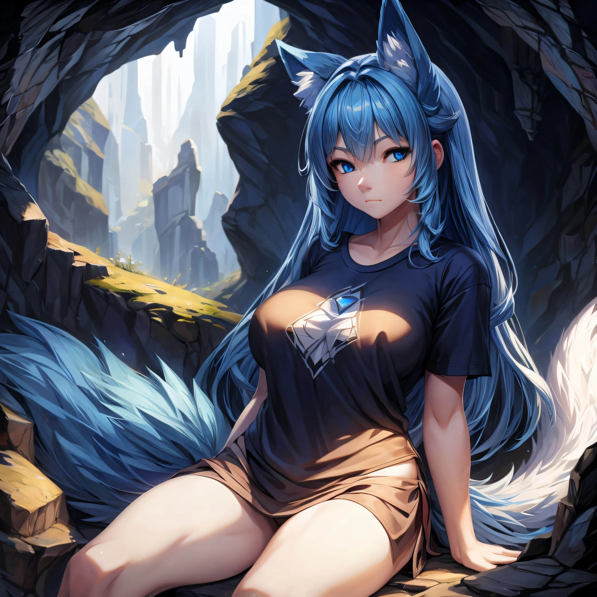 (Masterpiece) (High Detail) (High Res) Close up of A short humanoid girl with pale human skin and blue eyes and long blue hair and blue dog ears and a big fluffy dog tail and average breasts sat alone in a dark cave with many glowing gems of all different colours on embedded into the Cave walls. The glowing gems are the only light source. She is dressed in only an oversized white t-shirt.