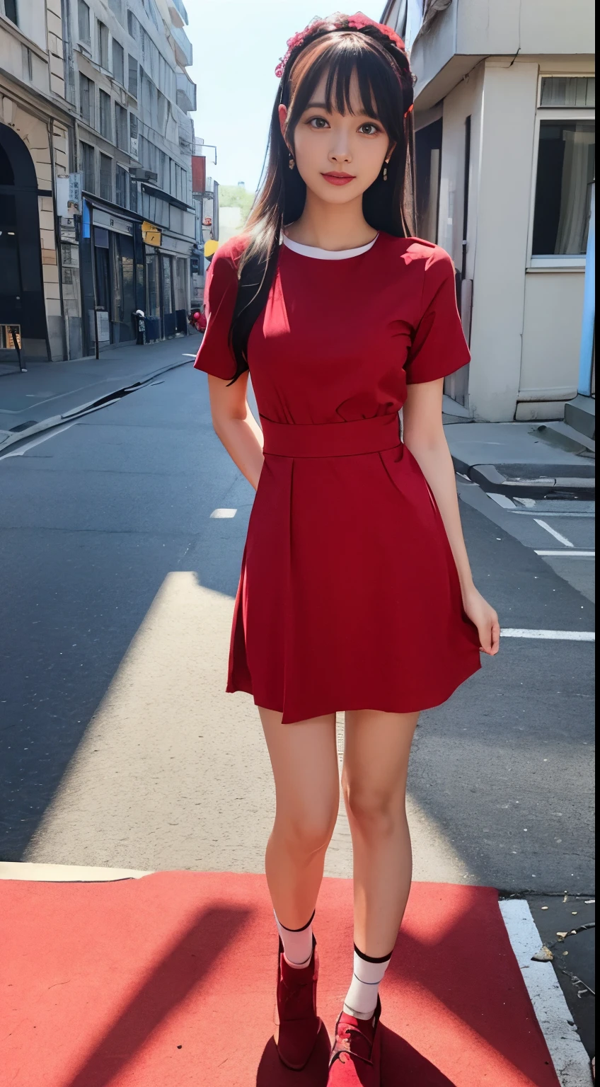Red dress,legs standing together,scream,Skinny,There are eyes,white short socks,Star hairpins,