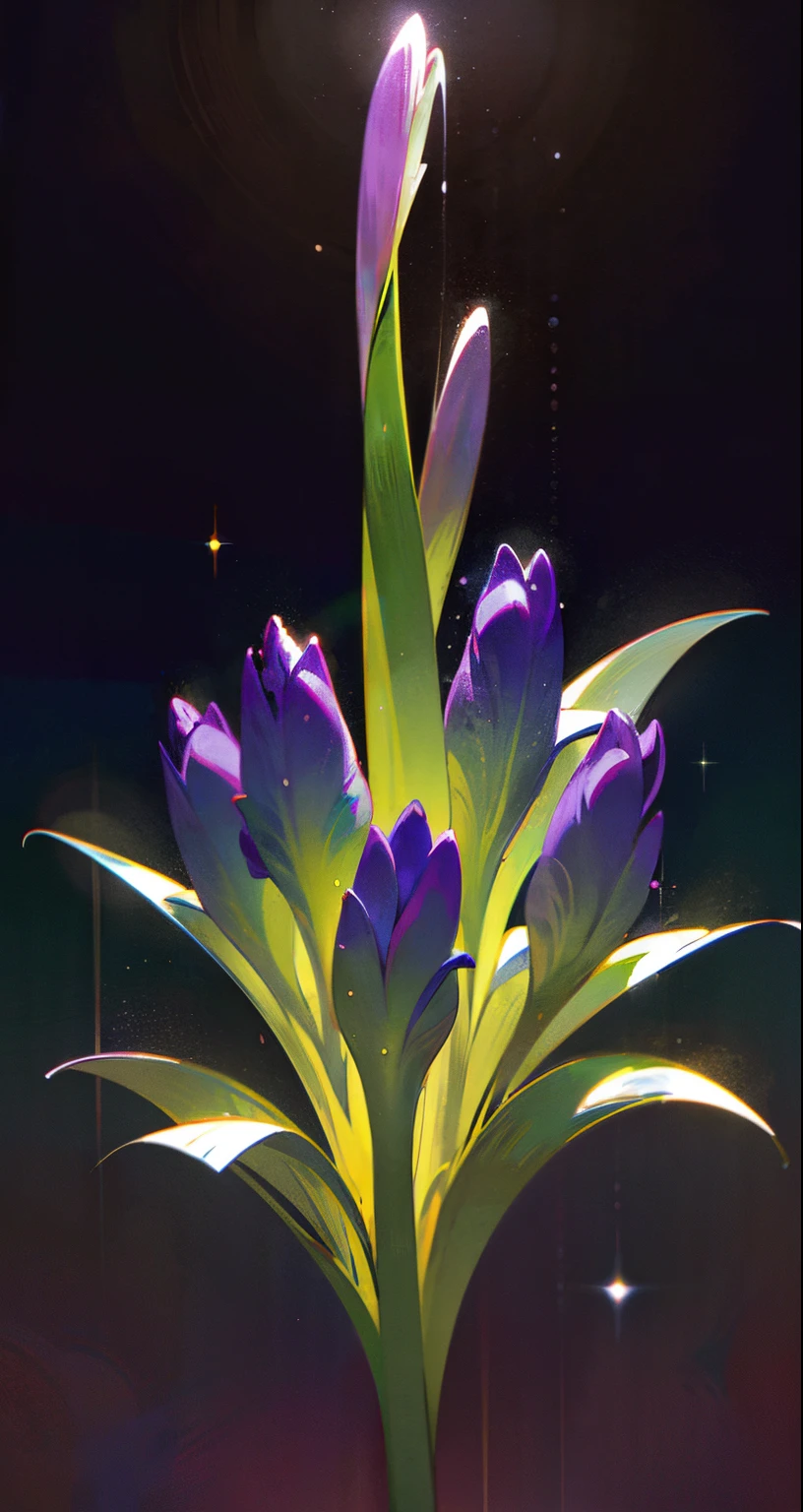 A delicate bouquet of hyacinth flowers, super transparent, holy rays, Beautiful spectral light, The petals glow, twinkle, deep dark background, Transparent light droplets, reflective light, bright, Light flows in, optics, portrait profile, Focus sharp, magical, iintricate, hyper realisitc, fanciful, artworks, optic, trends in art station, pearls, Silver vapor patronus cloud, corrosive envelope ray family, 8K, real air 23v4 uplight