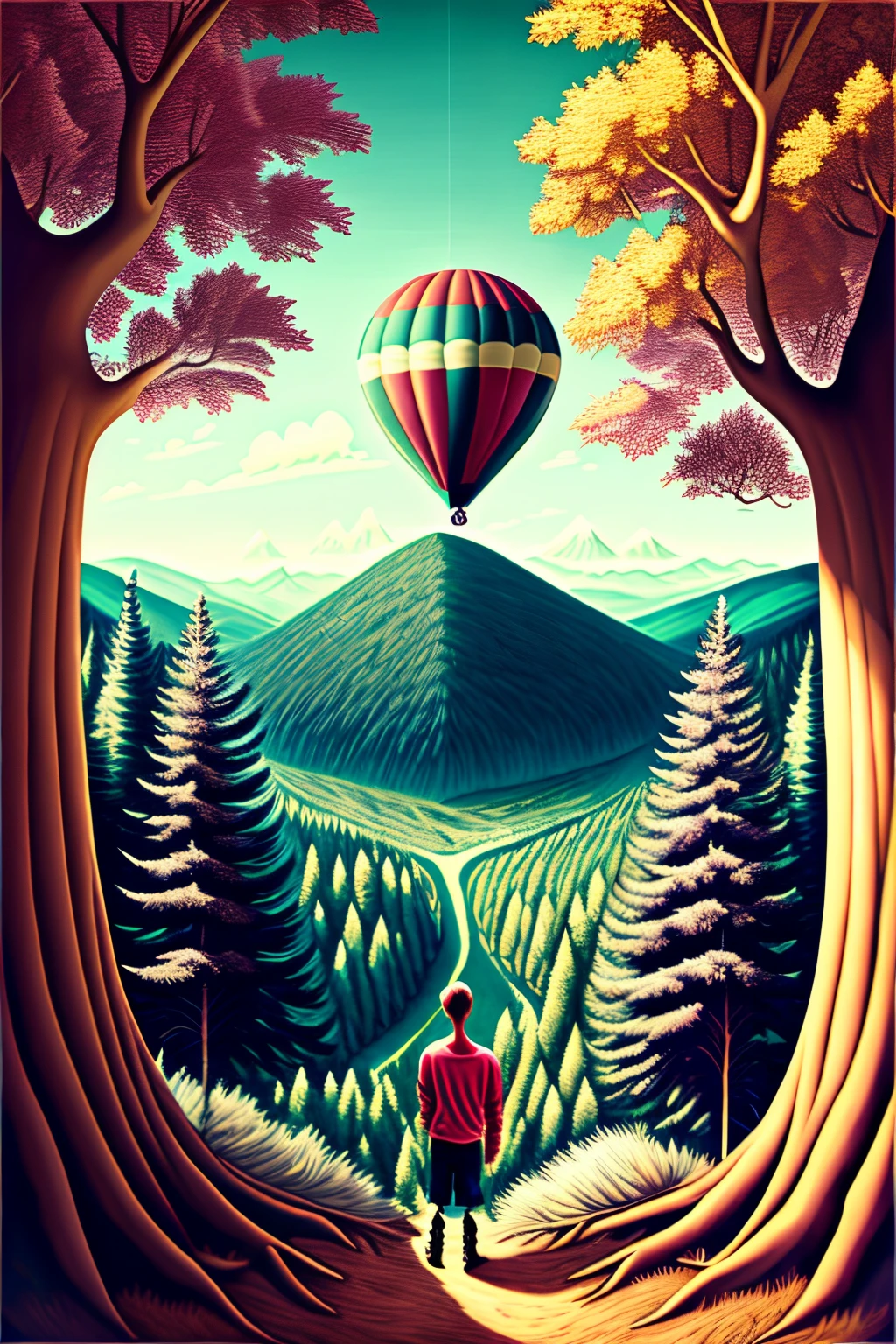 hot air balloon flying in distance, a forest with big full trees, mountains in background, kid looking at sky