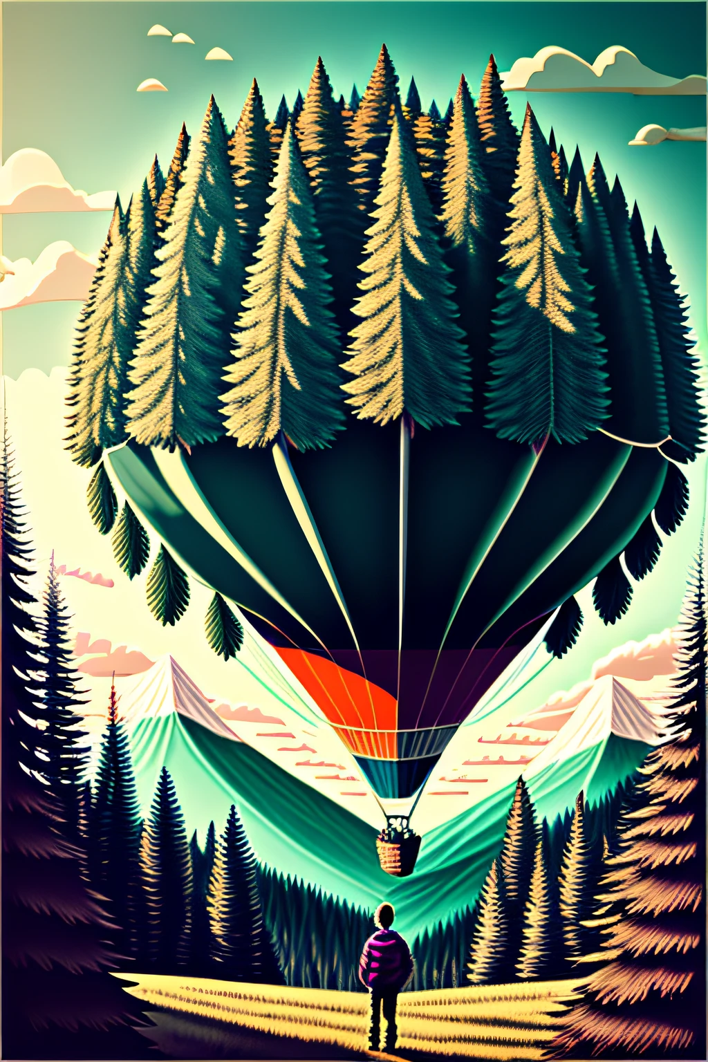 hot air balloon flying in distance, a forest with big full trees, mountains in background, kid looking at sky