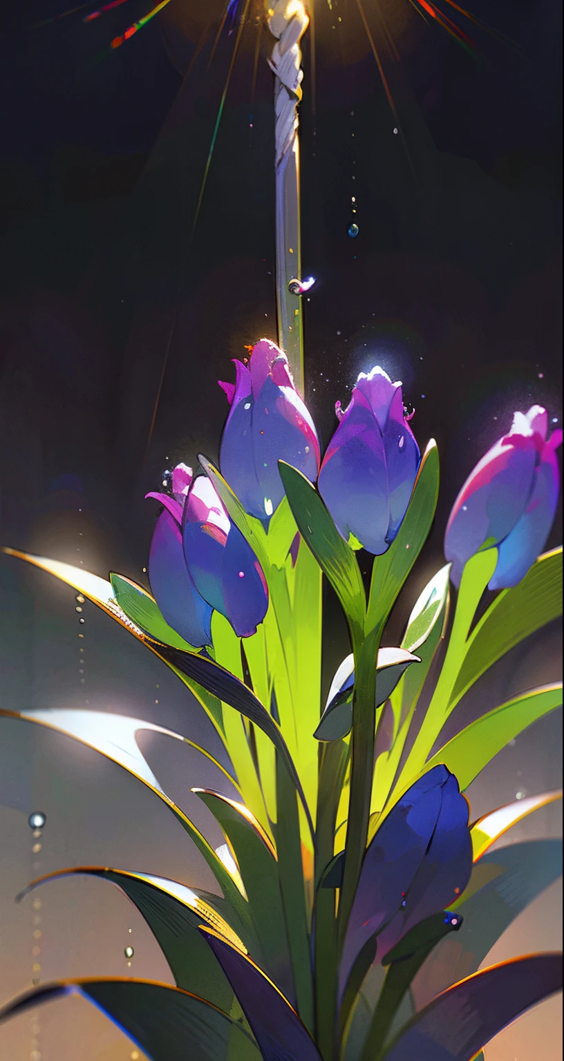 A delicate bouquet of hyacinth flowers, super transparent, holy rays, Beautiful spectral light, The petals glow, twinkle, deep dark background, Transparent light droplets, reflective light, bright, Light flows in, optics, portrait profile, Focus sharp, magical, iintricate, hyper realisitc, fanciful, artworks, optic, trends in art station, pearls, Silver vapor patronus cloud, corrosive envelope ray family, 8K, real air 23v4 uplight
