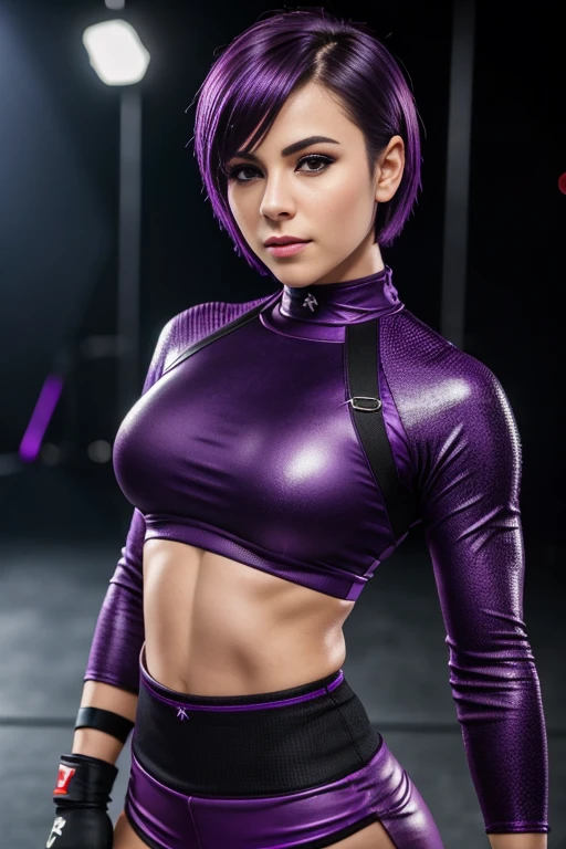 wmma, fingerless gloves, woman, short hair, dark purple hair, midriff, toned, stage lights, fence,  (sharp focus:1.2), portrait, ((posing)), (beautiful face:1.1), detailed eyes, luscious lips, ((skindentation)), (bright studio lighting:1.2), depth of field, bokeh, 4K, HD