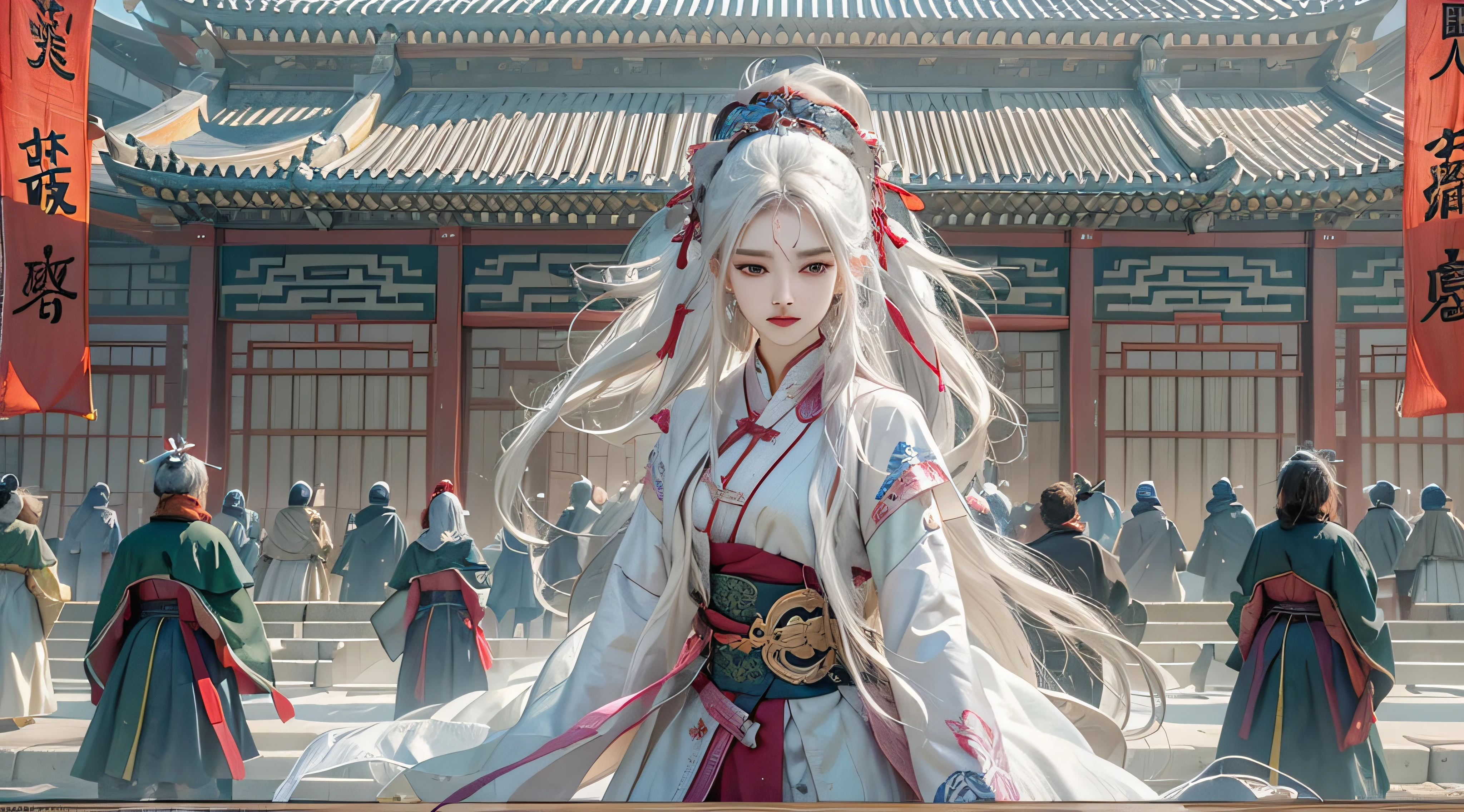 realistically, A high resolution, 1 woman, Alone, butt lift, looking at the viewer only, (Detailed faces), White hair, Long gray hair, Ancient China
