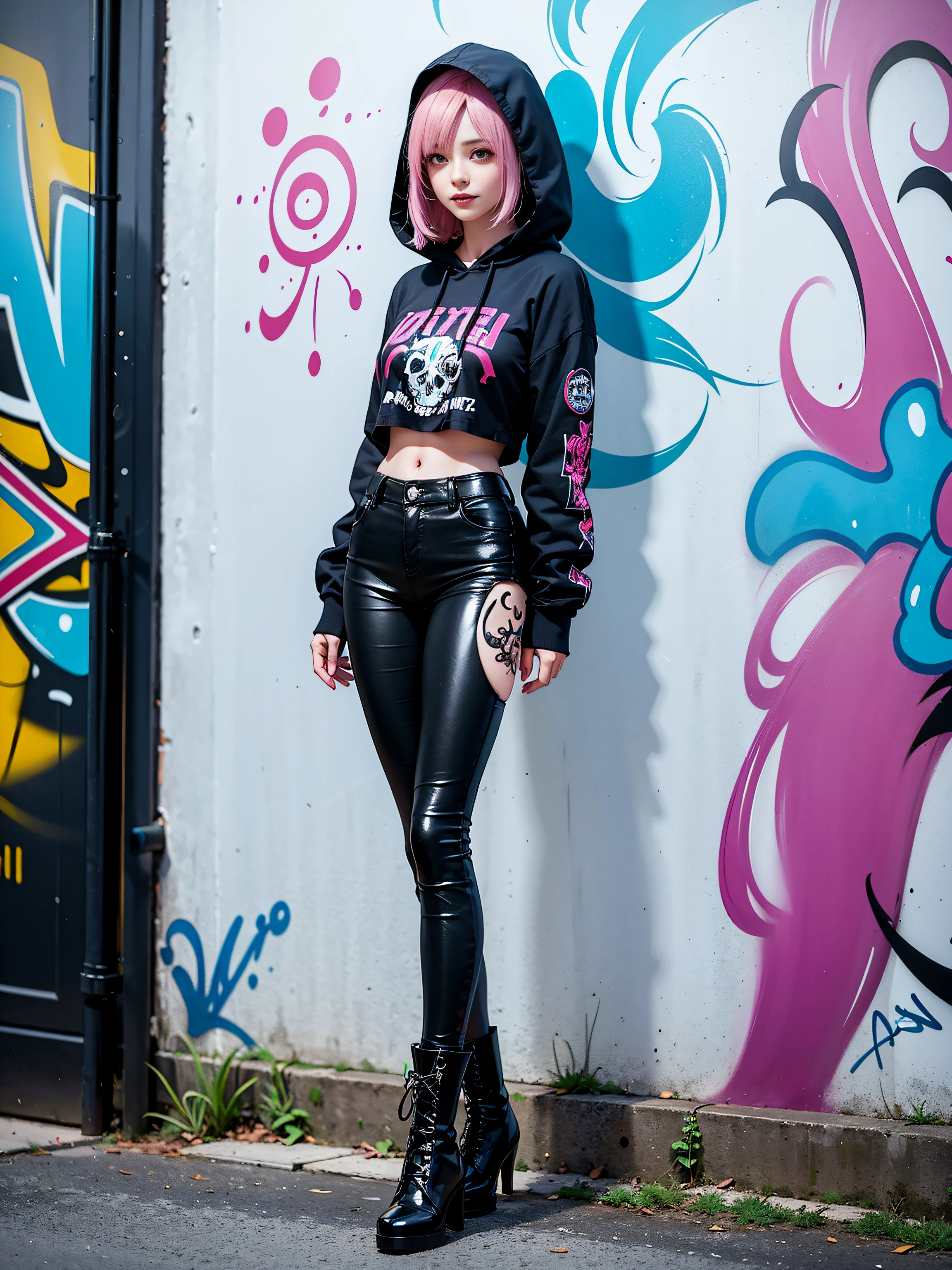 (Ultra-detailed, 8K, Raw photo, Best Quality, masutepiece:1.2), high-definition RAW color photography, professional photograpy, cowboyshot, (Realistic, photographrealistic:1.37), ((Best Quality)), Cinematic Light, (finerly detailed face:1.2), (masutepiece:1.5), (Best Quality:1.2), (Smiling:1.3),Short bob cut, (Looking at Viewer:1.2),(1 woman:1.2), professional photograpy, Cinematic Light, (finerly detailed face:1.2), Narrow waist, slender, Moist skin, pale skin, (Long legs), thin legs,  Soft lighting, a portrait photo of, Rembrandt lighting, super model, (Large breasts:1.2), (Looking away:1.3), Short bob hair, (stylish pose), BREAK,(Glossy:1.2), (Full body:1.3), A woman with pink hair and tattoos、Standing next to a wall with graffiti and wearing a black top, Anime Art, Combat boots, (graffiti art:1.4), ((Graffiti)), Wearing black clothes with a skull on the hood、A woman wearing boots on the street with a hoodie over her head, fantasy-inspired, Cyberpunk Art, Gothic art,(Zentangle:1.3),Perspective,