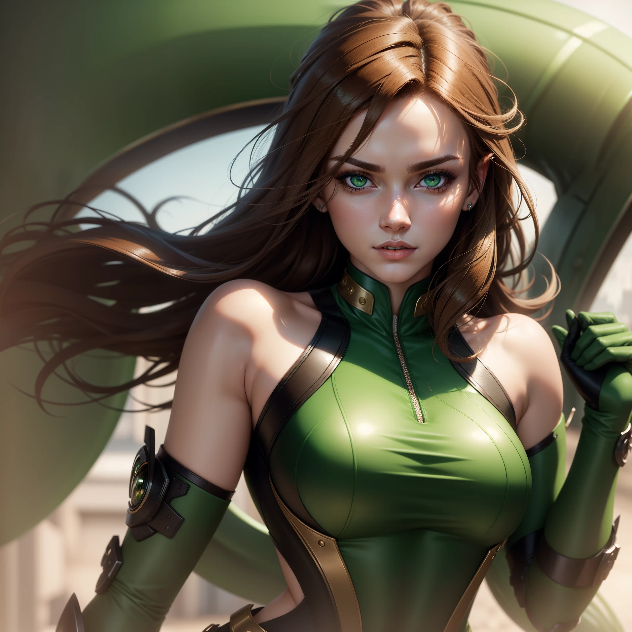 hot superheroine, Estilo ela hulk, pele na cor verde, rosto verde, green arms, peito verde
