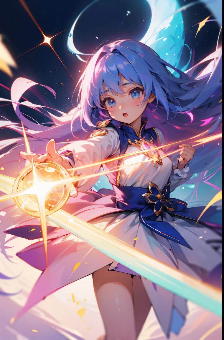(masterpiece:1.4)、(top-quality:1.4)、(very cute magical girl girl、hyperdetailed face、Eyes like gemryu, very long hair、Colorful gradient hair:1.4)、(ring of angels:
1.4)、(magic wands:1.4)、(full body Esbian、Perfect two arms、Perfect two legs:1.4)、Perfect four fingers:1 thumb、optic、brilliance、Bokeh、Ultra-fine