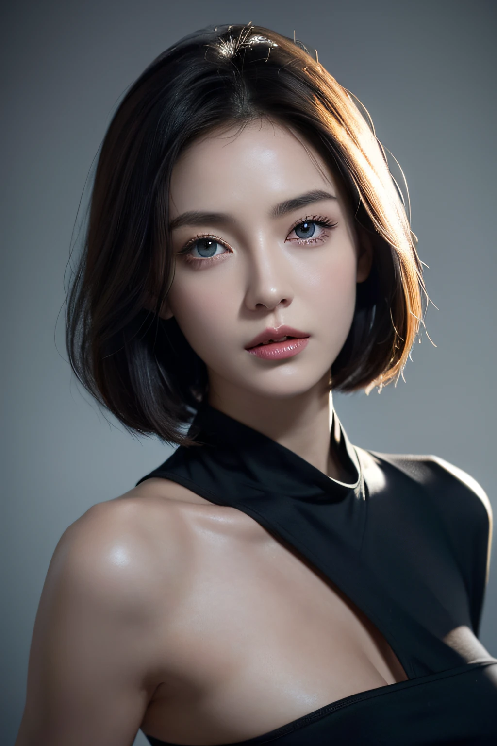 Skin Tight Black Top:1.2, Looking at Viewer, Cinematic lighting, Perfect, softlight, High resolution skin:1.2, Realistic skin texture, 30 years old mature woman、a small face、no-makeup、 off shoulders,Bust B Cup、 Exposed cleavage, Small breasts、Blue eyes, Short hair, dark brown  hair、Gray background、