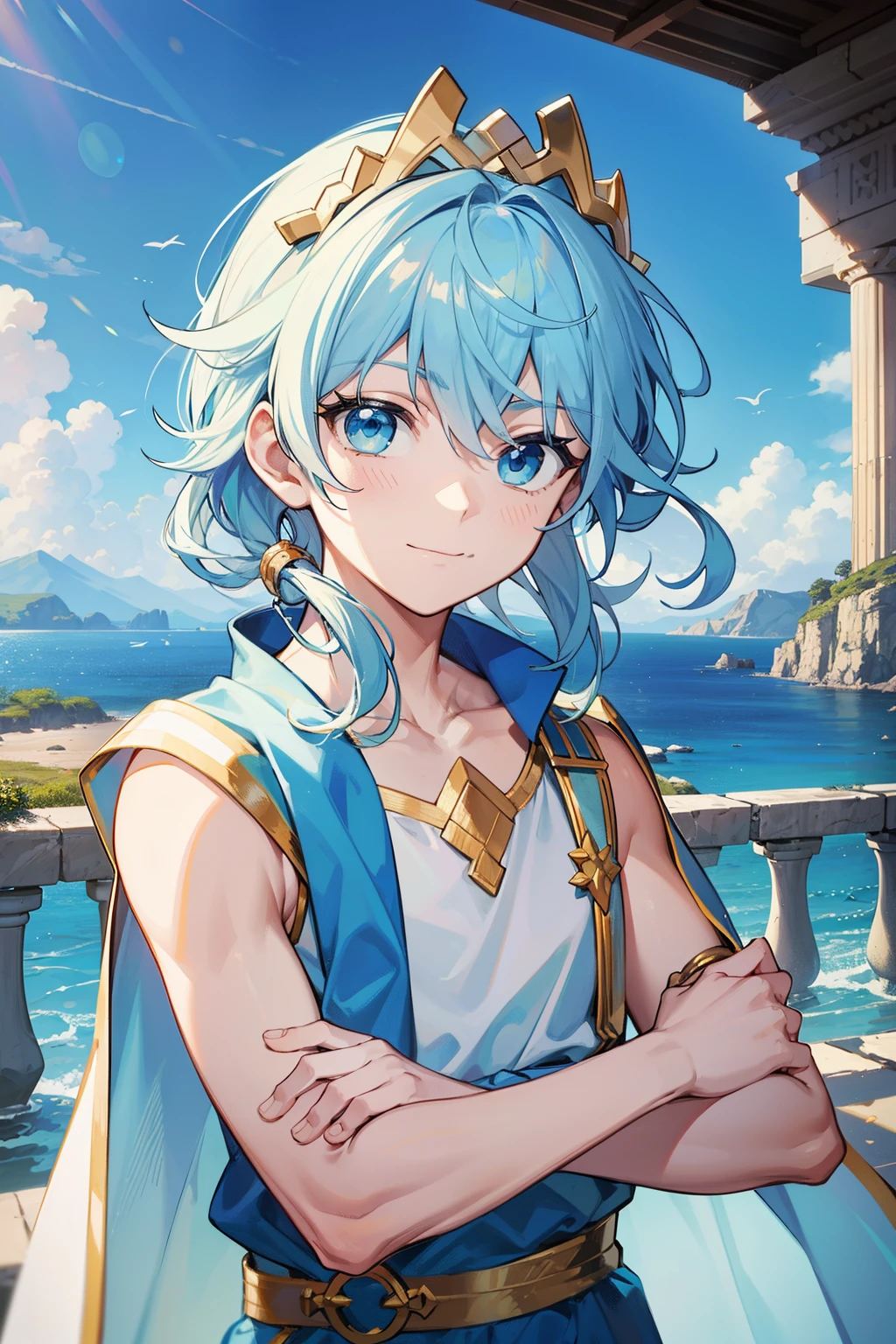 (high-quality, breathtaking),(expressive eyes, perfect face) 1boy, male, solo, toddler, small, young ???, light blue hair, green coloured eyes, stylised hair, gentle smile, medium length hair, loose hair, side bangs, curley hair, really spiky hair, looking at viewer, portrait, ancient greek clothes, blue tunic, white Chlamys, sleeveless, greek, blue and gold sash, ocean background, laurel on head, slightly narrow eyes, masculine face