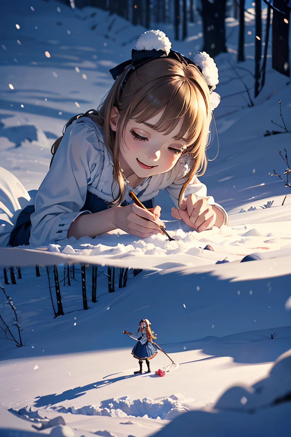 (masterpiece, best quality, ultra-detailed, photorealistic, an extremely delicate and beautiful),
alice in wonderland, in Winter, playing on the snow, happy smile,