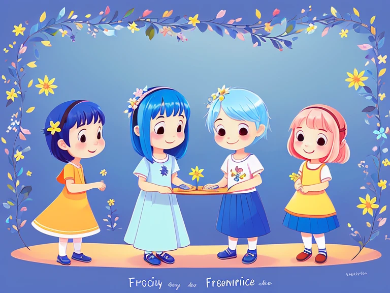 very cute illustration for a children's picture book,Everyone made wonderful wishes in front of the "Friendship Flower.",blue hair, Digital Painting, by Pixar style