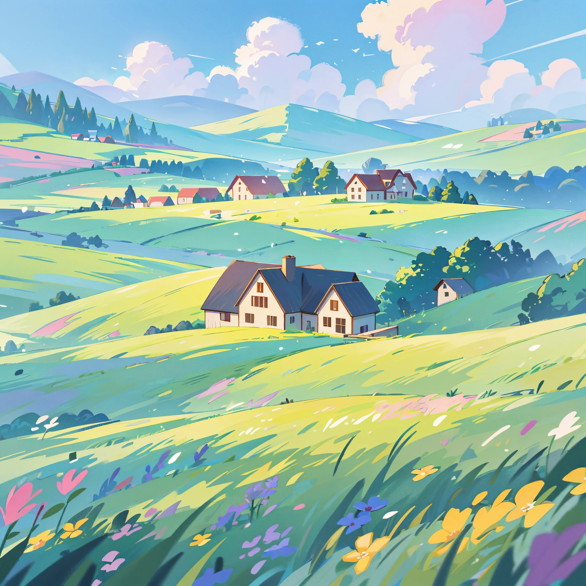 countryside, field, meadow, crop fields, multiple types of flowers and plants, ((farmhouse)), masterpiece, best quality, sharp focus, intricate details, perfection, golden ratio composition, 8k resolution, high resolution, beautiful, beautiful sky, vibrant pastel colors, bright colors