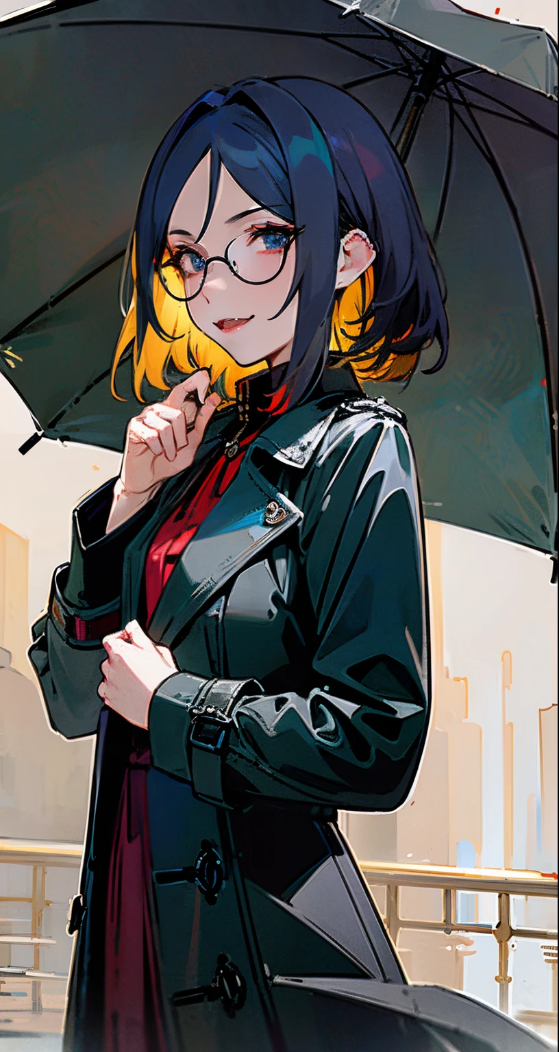 tmasterpiece, top-quality, illustratio, {Beautiful detail girl}, Beautiful details, Drag beauty, (Black jacket and trench coat), sun glasses, giggles, Fangs removed, Vampires, indigo blue eyes, rainy street corner, Sateen, Detailed lighting, detailed water, (美丽细致的眼睛: 1.1), Expressionless palace, (short detailed hair), with long bangs, hair between eye, upper half,