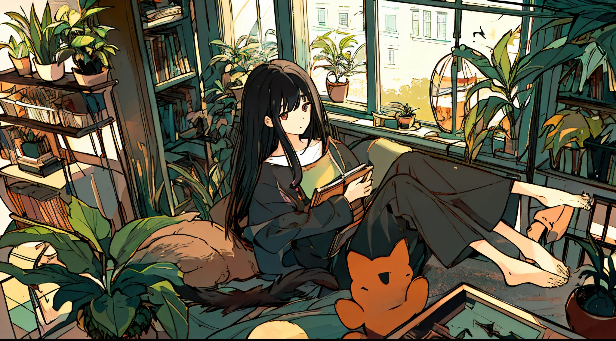 a girls, from above, plant, black hair, cat, lying, indoors, holding, long sleeves, long hair, stuffed toy, potted plant, book, food, window, phone, loaded interior, television, short hair, on back, stuffed animal, bangs, slippers, barefoot, sitting, bookshelf, shelf, cable, computer