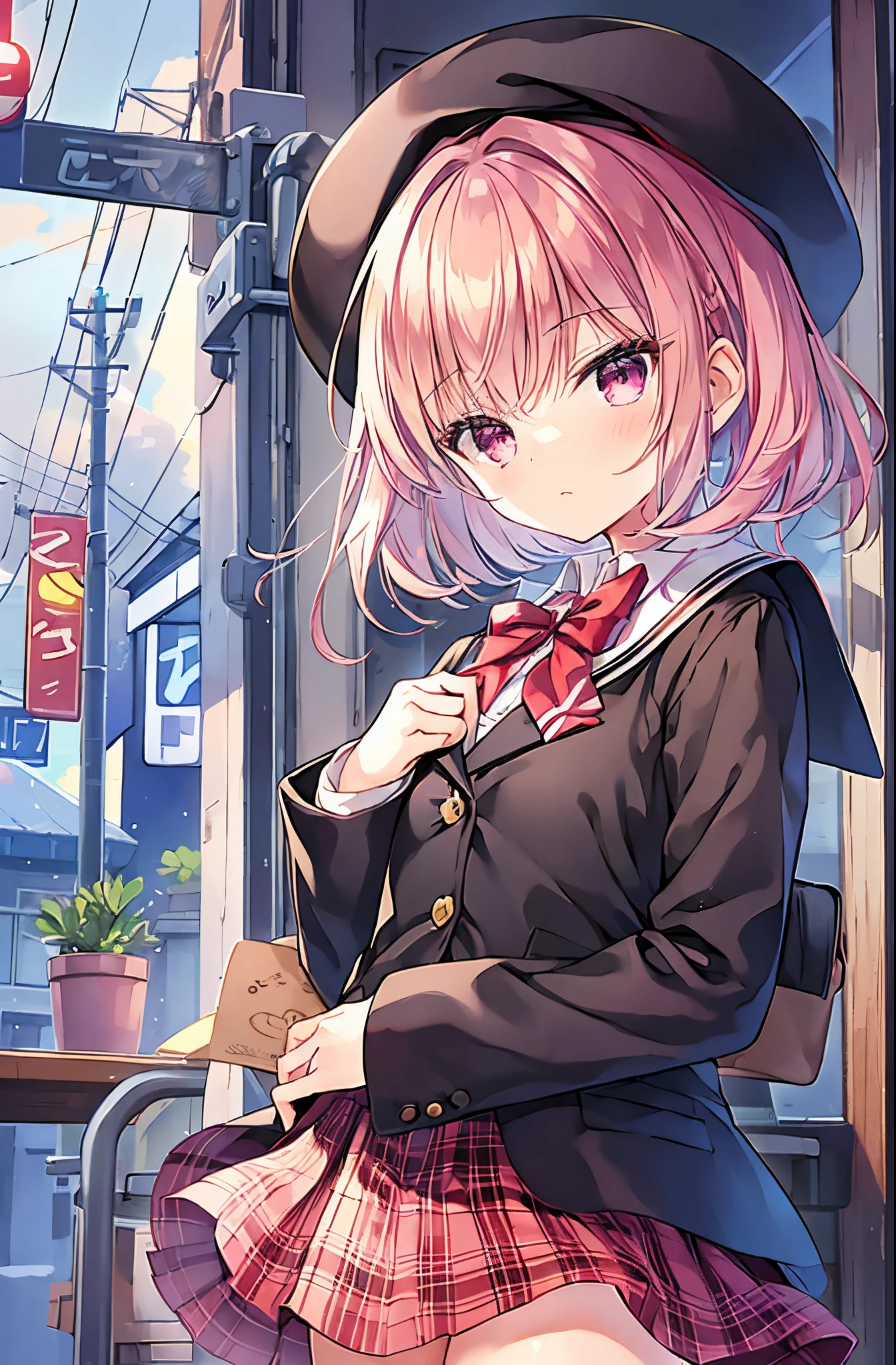 masterpiece、blazers、hi-school girl、cute little、 Standing、Hairstyle that hides one eye、a miniskirt、shinny skin、Absolute area、Light pink hair、Hanging eyes、Tsundere、beret、depth of fields、sharp、