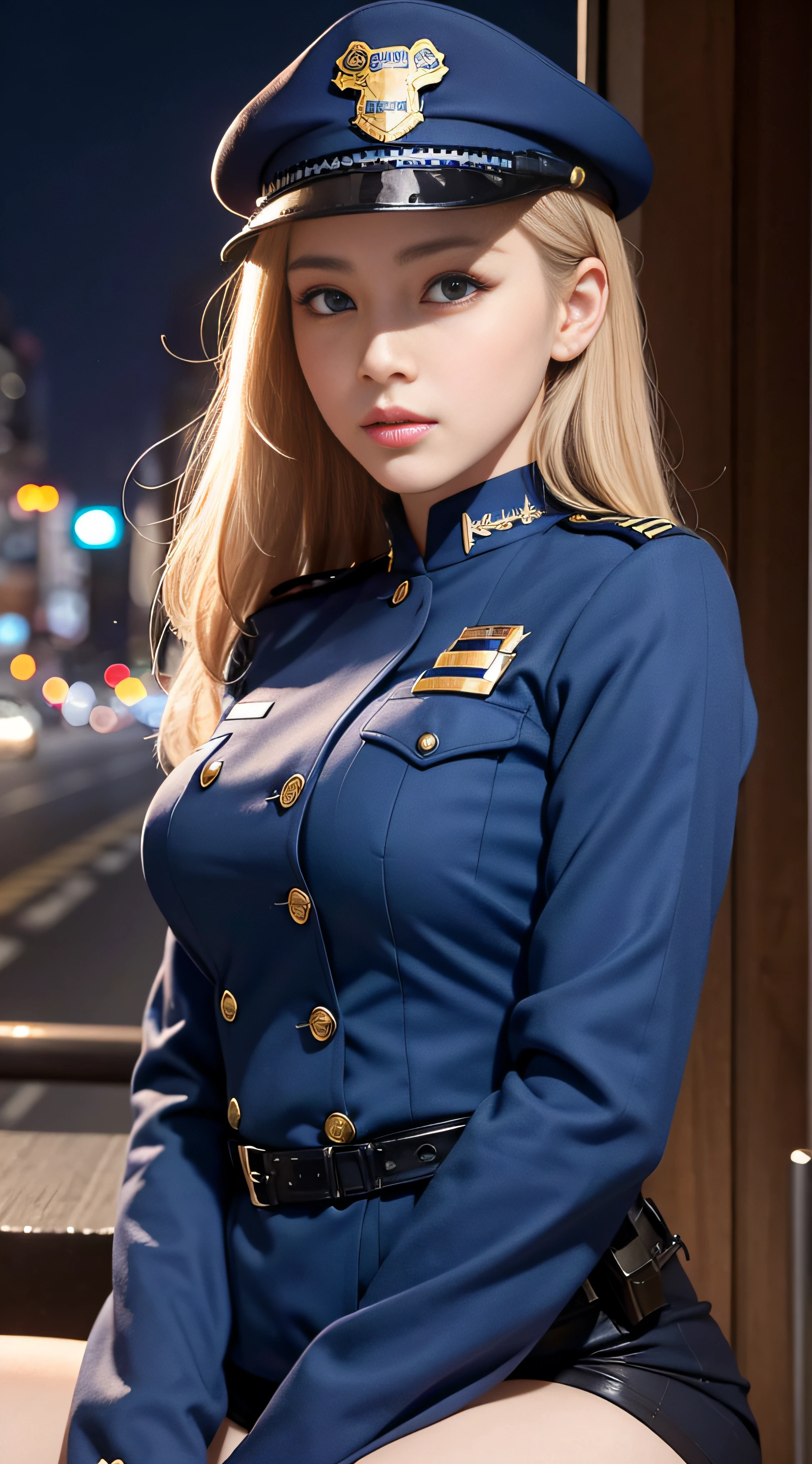 top-quality、hight resolution、ultra-detailliert、​masterpiece、Raw photography:1.5、realisitic:1.5、Photorealsitic:1.5、extremely delicate and beautiful、finely detail、 1womanl、(Solo)、(Super beautiful)、(beauitful face:1.5)、(A detailed face:1.5)、gala k-up、(lip stick:1.1)、(eye line:1.2)、mascara、eyeshadows、glamor、(blue eyess)、(Blonde and brown hair)、Wavy Hair、asymmetrical bangs、(new york police uniform:1.5)、city street at night、(Shot from thigh up)