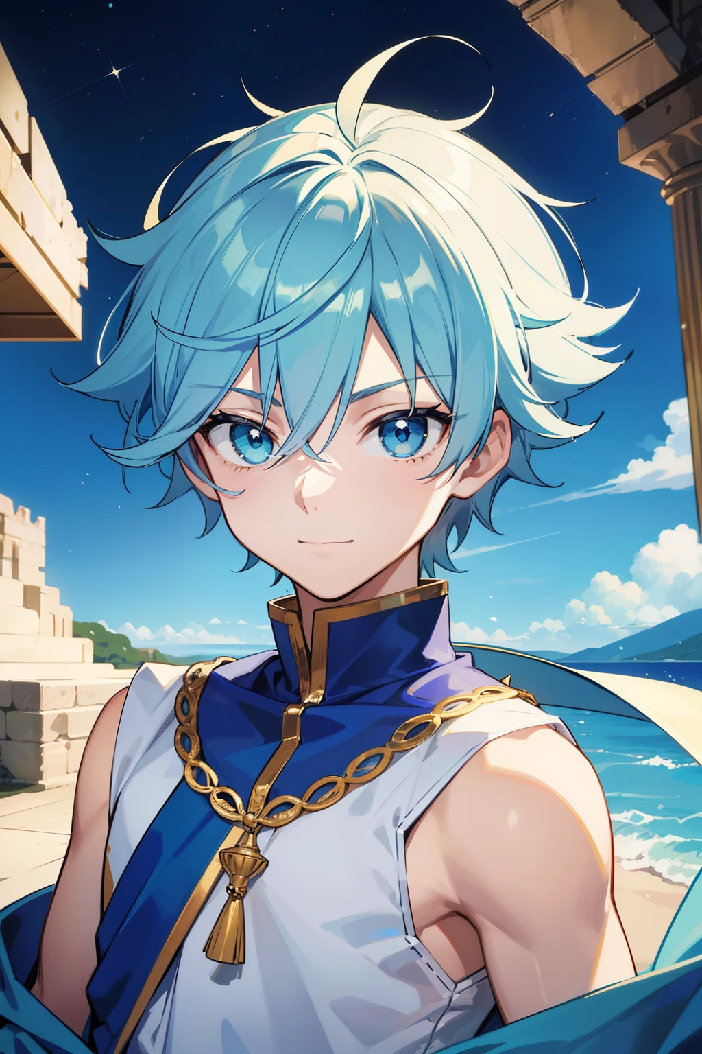 (high-quality, breathtaking),(expressive eyes, perfect face) 1boy, male, solo, ddler, light blue hair, green coloured eyes, stylised hair, gentle smile, medium length hair, loose hair, side bangs, curley hair, really spiky hair, spiked up hair, looking at viewer, portrait, ancient greek clothes, blue tunic, white Chlamys, sleeveless, greek, blue and gold sash, ocean background, laurel accessory, slightly narrow eyes, masculine face