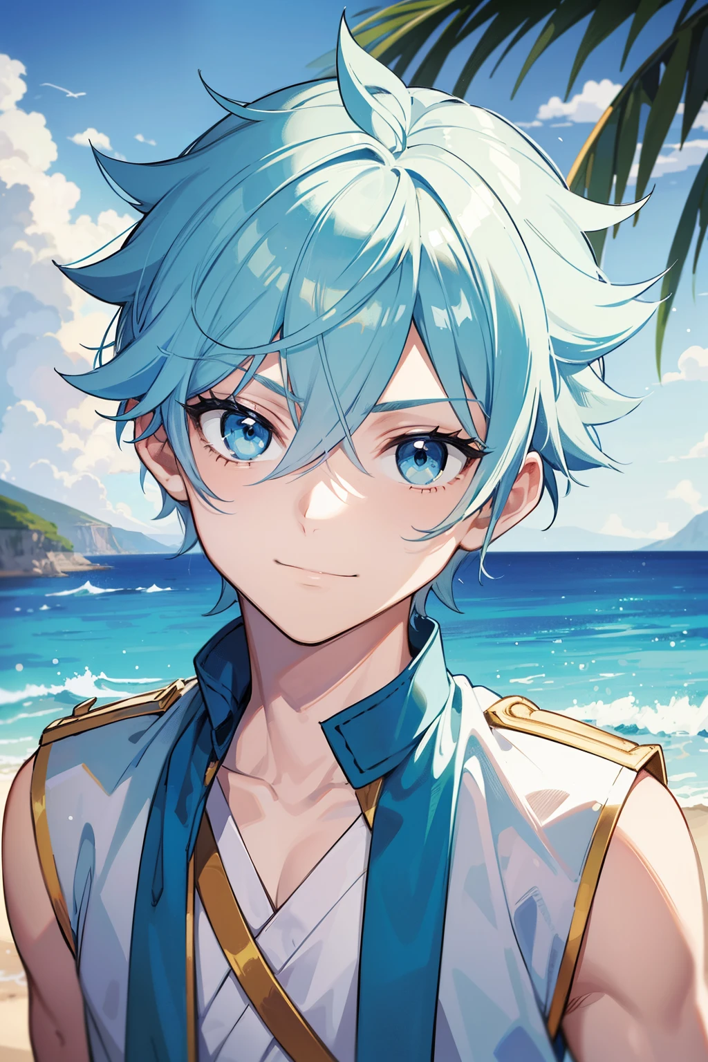 (high-quality, breathtaking),(expressive eyes, perfect face) 1boy, male, solo, toddler, small, young kid, light blue hair, green coloured eyes, stylised hair, gentle smile, medium length hair, loose hair, side bangs, curley hair, really spiky hair, spiked up hair, looking at viewer, portrait, ancient greek clothes, blue tunic, white Chlamys, sleeveless, greek, blue and gold sash, ocean background, laurel accessory, slightly narrow eyes, masculine face