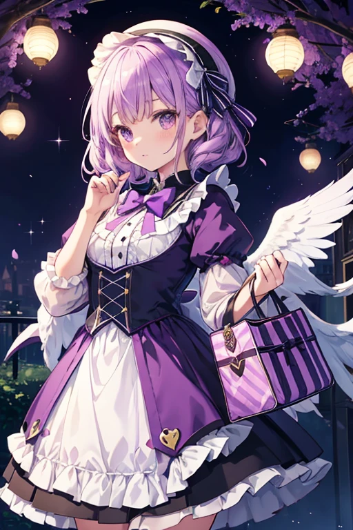 Araffe girl in a purple dress carries a bag., magic uniform, Portrait of a magical Lolita girl, shikamimi, sakimi chan, University Magic Uniform, shiori teshirogi, lunar themed attire, loli, official artwork, Beautiful Angels, Raining, chiho, shrewd), Raining!!, fairycore, Lolita Fashion, ad image