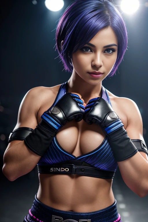 wmma, fingerless gloves, woman, short hair, indigo hair, midriff, toned, stage lights, fence, (sharp focus:1.2), portrait, ((posing)), (beautiful face:1.1), detailed eyes, luscious lips, ((skindentation)), (bright studio lighting:1.2), depth of field, bokeh, 4K, HD