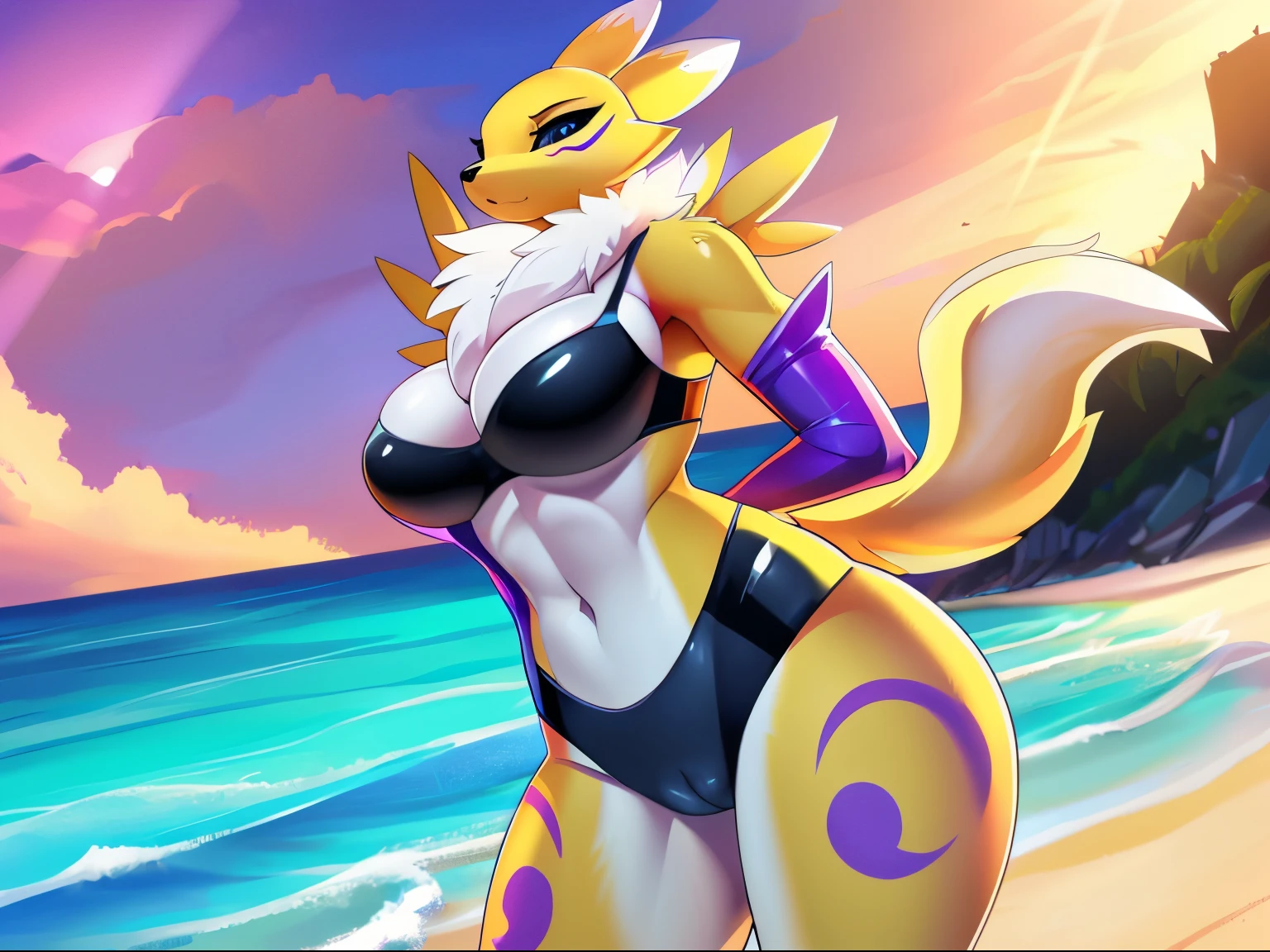 1girl, solo, full body, (masterpiece:1.21), (best quality:1.2), colorful, (illustration:1.2), (cinematic lighting:1.3), detailed fur, balanced coloring, global illumination, ray tracing, good lighting
Renamon, furry, anthro, one piece swimsuit, tight swimsuit, latex swimsuit, flat chest, showing breasts, cleavage, attractive body, , looking at viewer, seductive look, thick thighs, athletic, fit body, (nsfw:1.5), visible breasts, background: beach, seaside, beach, Tsampikos art style, by Tsampikos