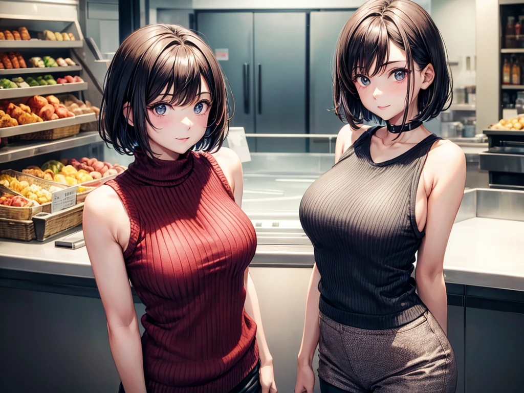 Sleeveless knitwear,32-year-old woman,A dark-haired,Shorthair,Emphasis on the chest,1人の女性