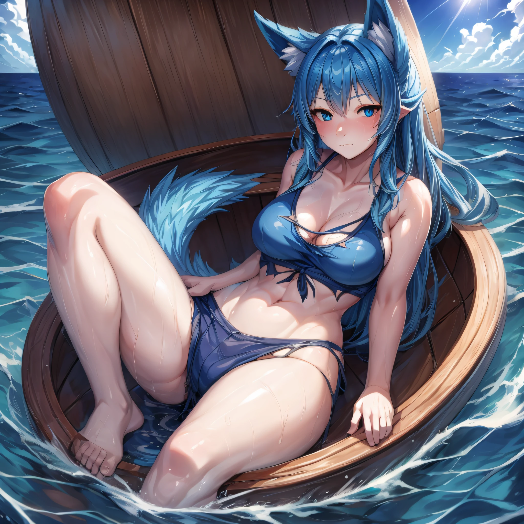(Masterpiece) (High Detail) (High Res) Close up of A short humanoid girl with pale human skin and blue eyes and long blue hair and blue dog ears and a big fluffy dog tail and average breasts sat alone on a wooden raft in the middle of the ocean. She has ripped clothes and looks sweaty and dirty. A shark looms near her.