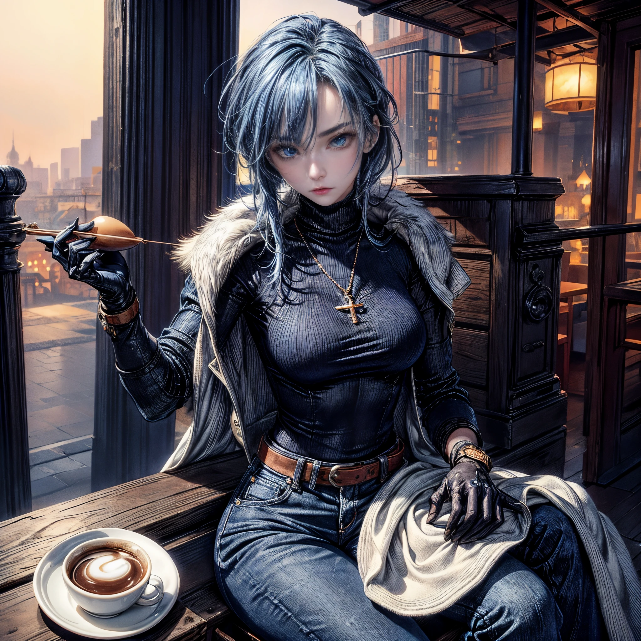 Cinematic lighting、16k picture quality、highlydetailed skin,(1girl in, Solo:1.2)、Best Quality,cyberpunked,(1beautiful woman、Detailed beautiful facial featureedium Hair、Blue hair、blue eyess:1.3)Rosary Necklace、(Neck exposure:1.5)
BREAK、white down jacket with hood、cleavage of the breast、black knit tops, Shiny stylish leather gloves、Denim distressed pants minimal accessories, Watches,Take a break, put your hands on the table（natta、restaurant terrace、pasta:1.4）Terrace seating、pasta