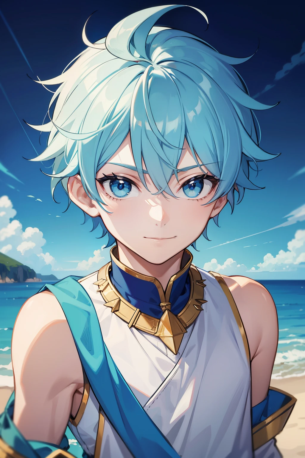 (high-quality, breathtaking),(expressive eyes, perfect face) 1boy, male, solo, toddler, small, young , light blue hair, green coloured eyes, stylised hair, gentle smile, medium length hair, loose hair, side bangs, curley hair, really spiky hair, spiked up hair, looking at viewer, portrait, ancient greek clothes, blue tunic, white Chlamys, sleeveless, greek, blue and gold sash, ocean background, laurel accessory, slightly narrow eyes, masculine face