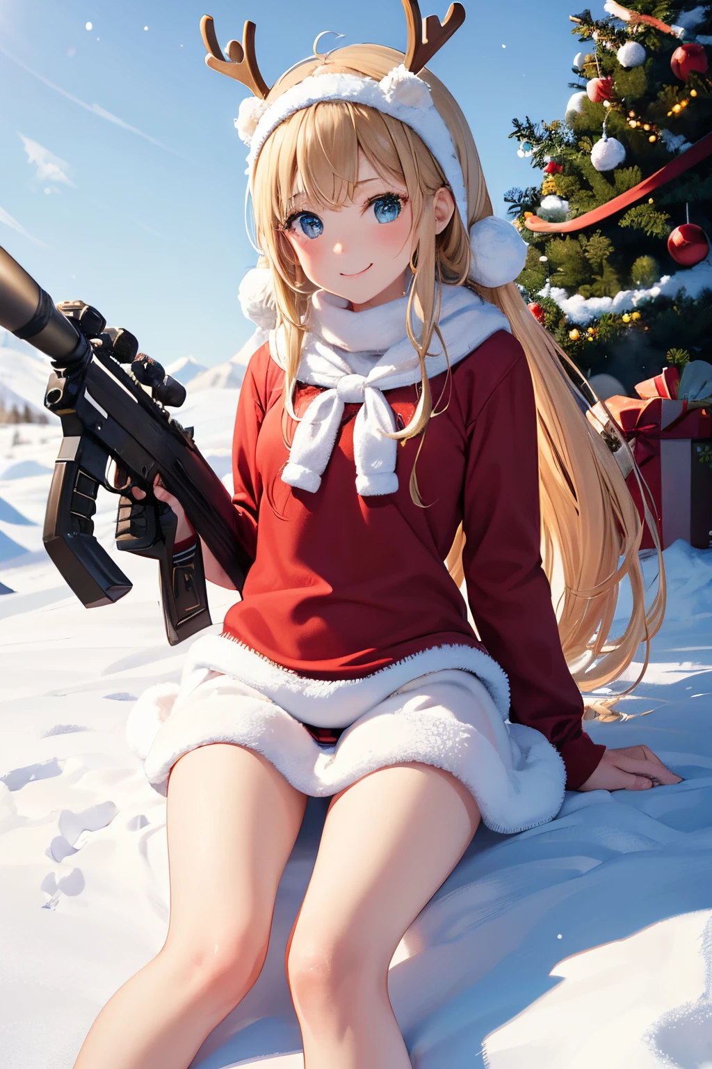 (masuter piece, Best Quality), 10years old girl, Lori, Petite, valley,Schoolgirl, a blond,Twin-tailed,Santa figure,Reindeer headband,up skirt, printed panties, lie face down on a mountain of snow, from behind, small bottom, a park, Smile, Fun, Volumetric lighting, Sunlight, wild reindeer,Christmas tree,snowman,Hold a sniper rifle