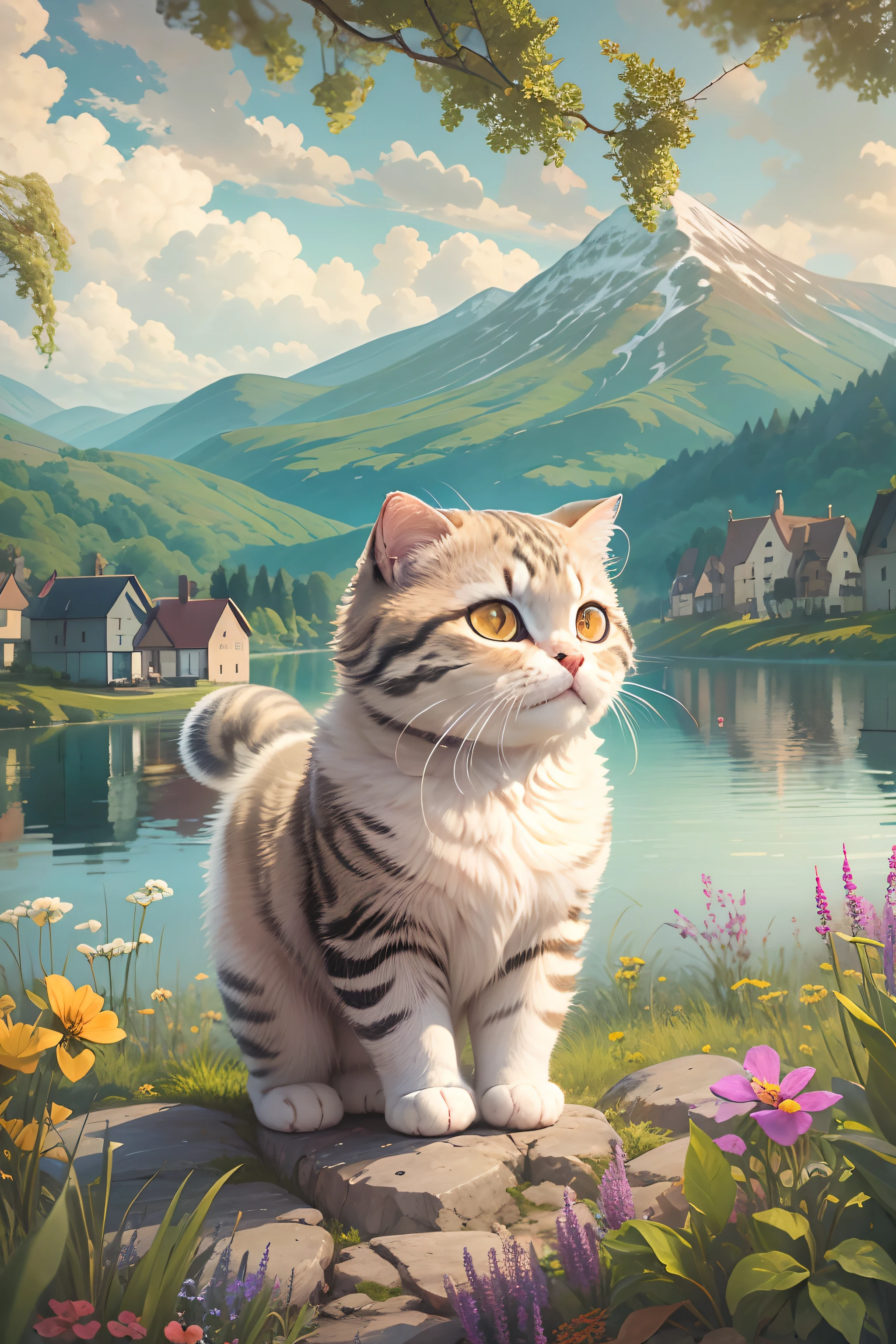 Scottish folding cat, cute big breasts, lakeside, The background the house, Noi Mountain, wildflowers