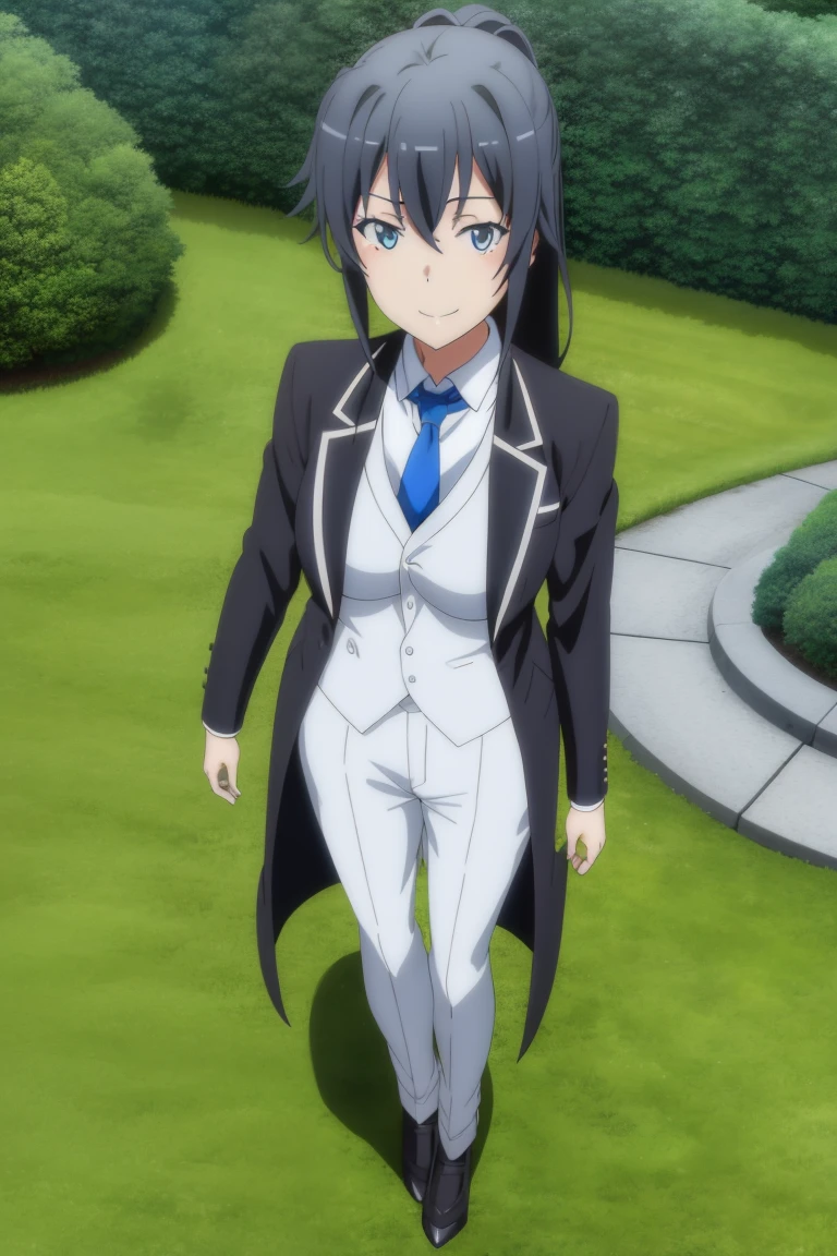 1girl, 独奏, Yukinoshita Yukino, Wearing a tuxedo suit, Female Butler, collared shirt, Tailcoat suit, blue necktie, Smiling, Full body, large breasts, White Jeans, Looking at the view, Garden background