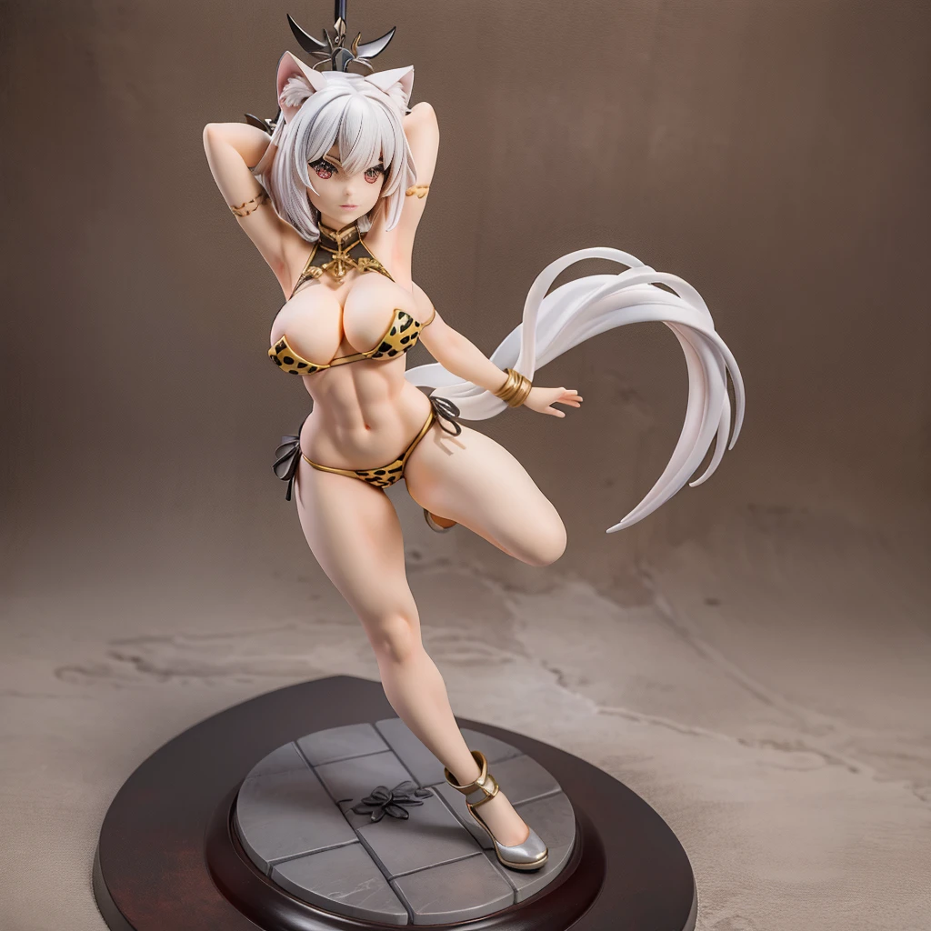 ,solo, female, muscular, giant, massive, enormous, gigantic, buff, biceps, abs, happy horny, short hair white, cat ear canine, snout, long snout, white fur, dramatic lighting, big breasts, , muscular girl, tomboy, , walk.full body, red eyes, leopard bikini, amazone,barbarian, walking, revealing cloths, fantasy, tribal clothing, forest, hammer holdingù