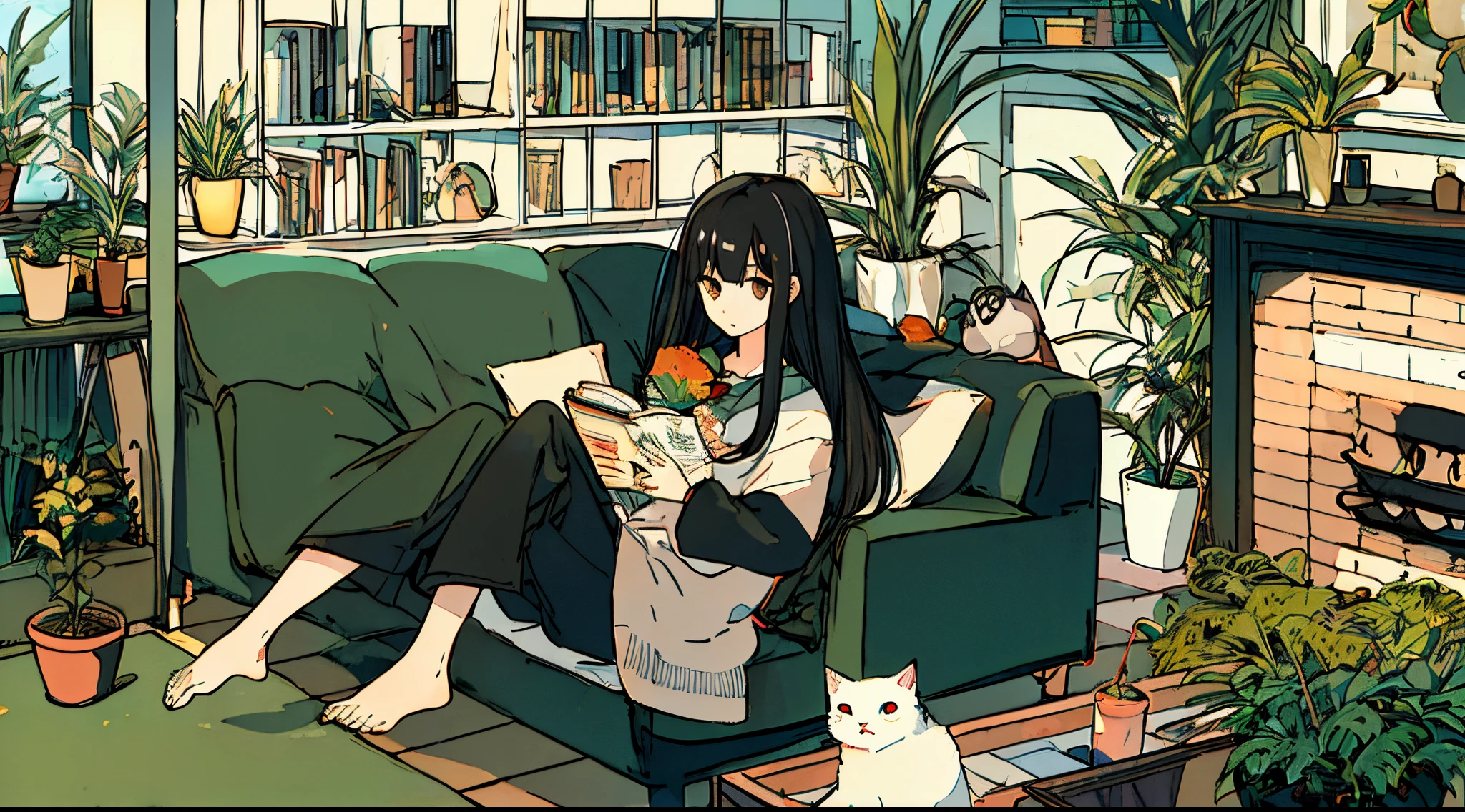 a girls, from above, plant, black hair, cat, lying, indoors, holding, long sleeves, long hair, stuffed toy, potted plant, book, food, window, phone, loaded interior, television, short hair, on back, stuffed animal, bangs, slippers, barefoot, sitting, bookshelf, shelf, cable, computer