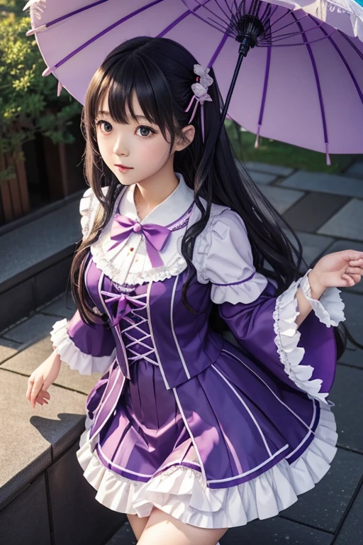 Japanese girl in purple dress., magic uniform, Portrait of a magical Lolita girl, shikamimi, sakimi chan, University Magic Uniform, shiori teshirogi, lunar themed attire, loli, official artwork, Beautiful Angels, Raining, chiho, shrewd), Raining!!, fairycore, Lolita Fashion, ad image